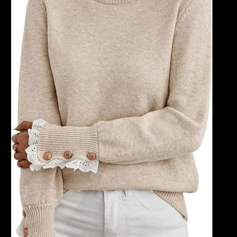 Cream Women's Sweater w/Lace & Gold Button Accents-XL